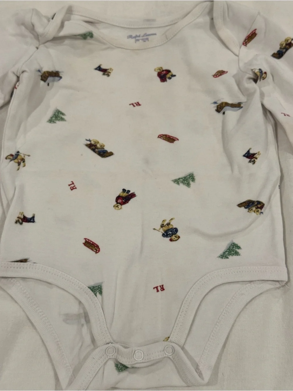 Ralph Lauren White Long-Sleeve Bodysuit with Tiny Multicolor Prints